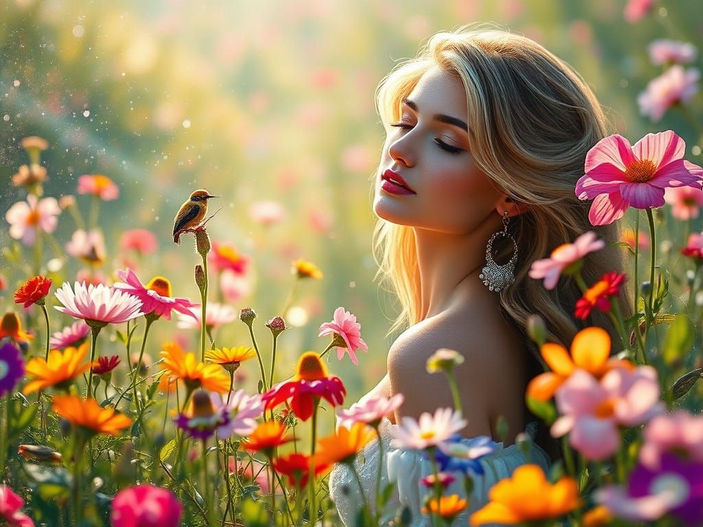 Woman in Flower Field with Rainbow Lighting