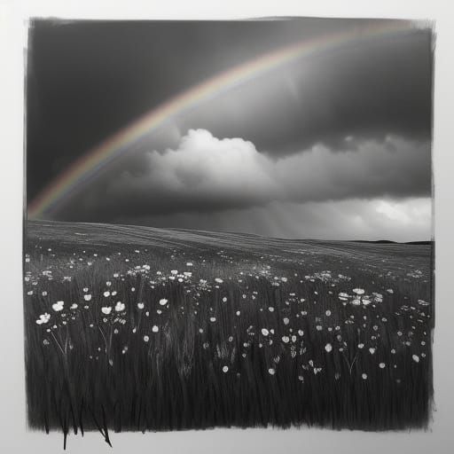 Vibrant Rainbow Blooms Amidst Dark Stormy Skies in Monochrom...