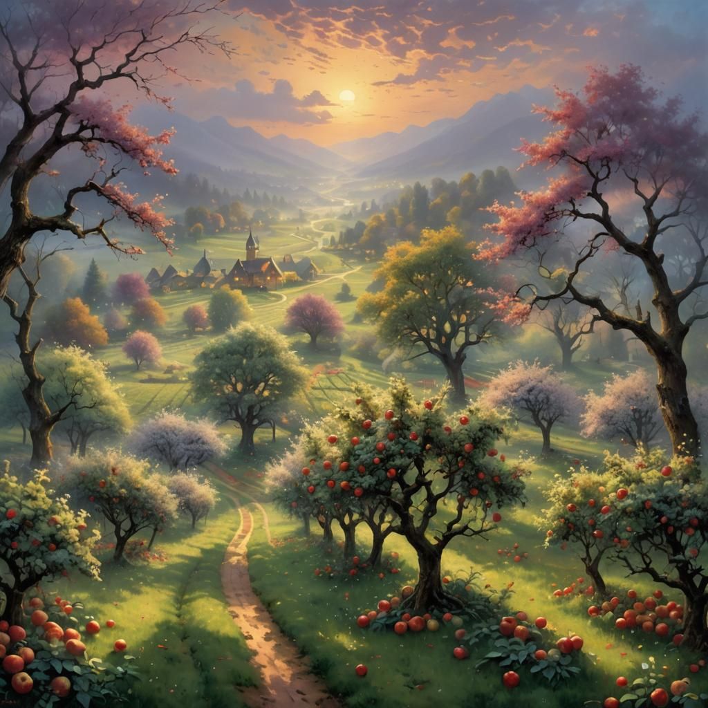 Sunset in Apple Orchard: Ethereal Fantasy Scene