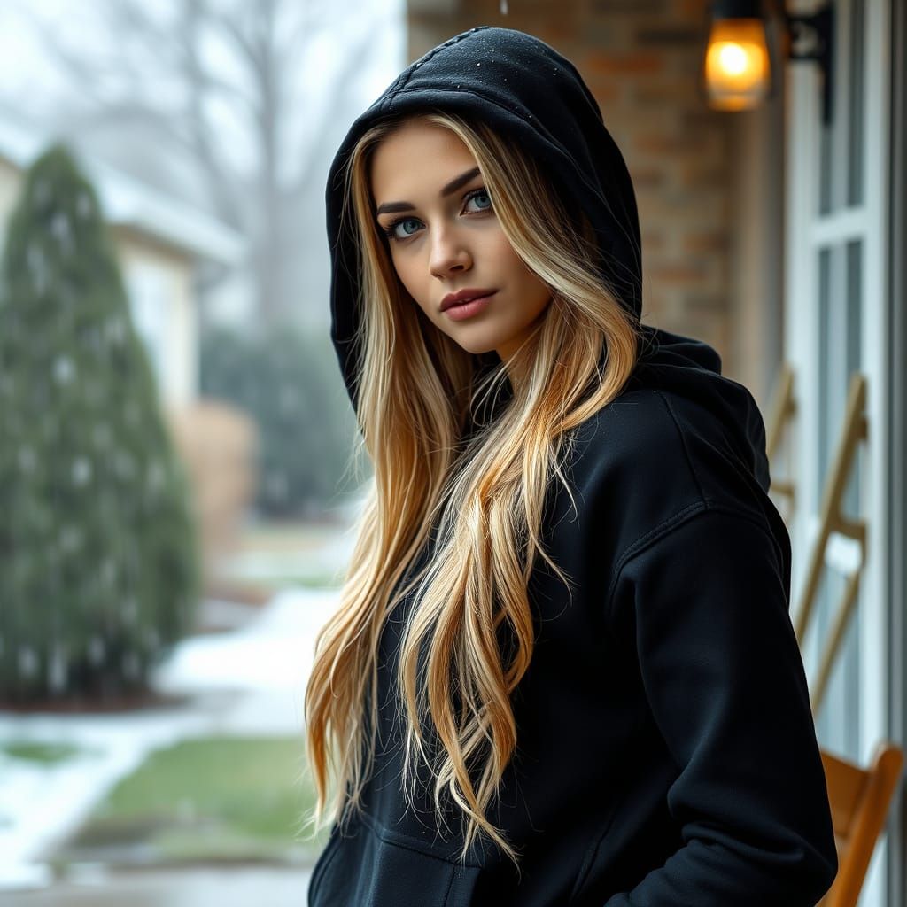 Blonde Woman in Hoodie on Rainy Front Stoop