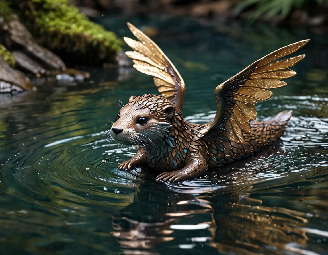 Enchanting Dragotter: Otter-Dragon Hybrid in Sparkling River