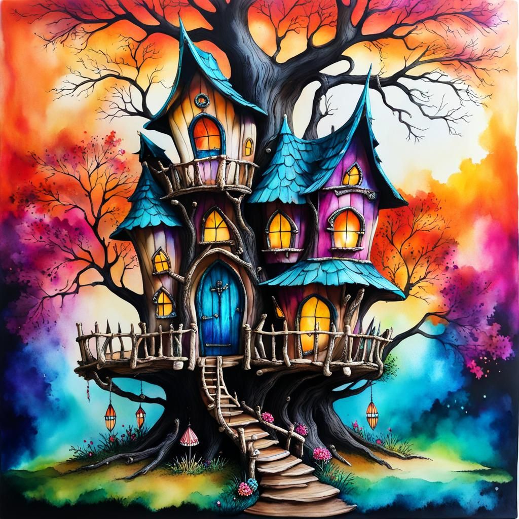 Vibrant Gothic Fairy Treehouse Made of Bone