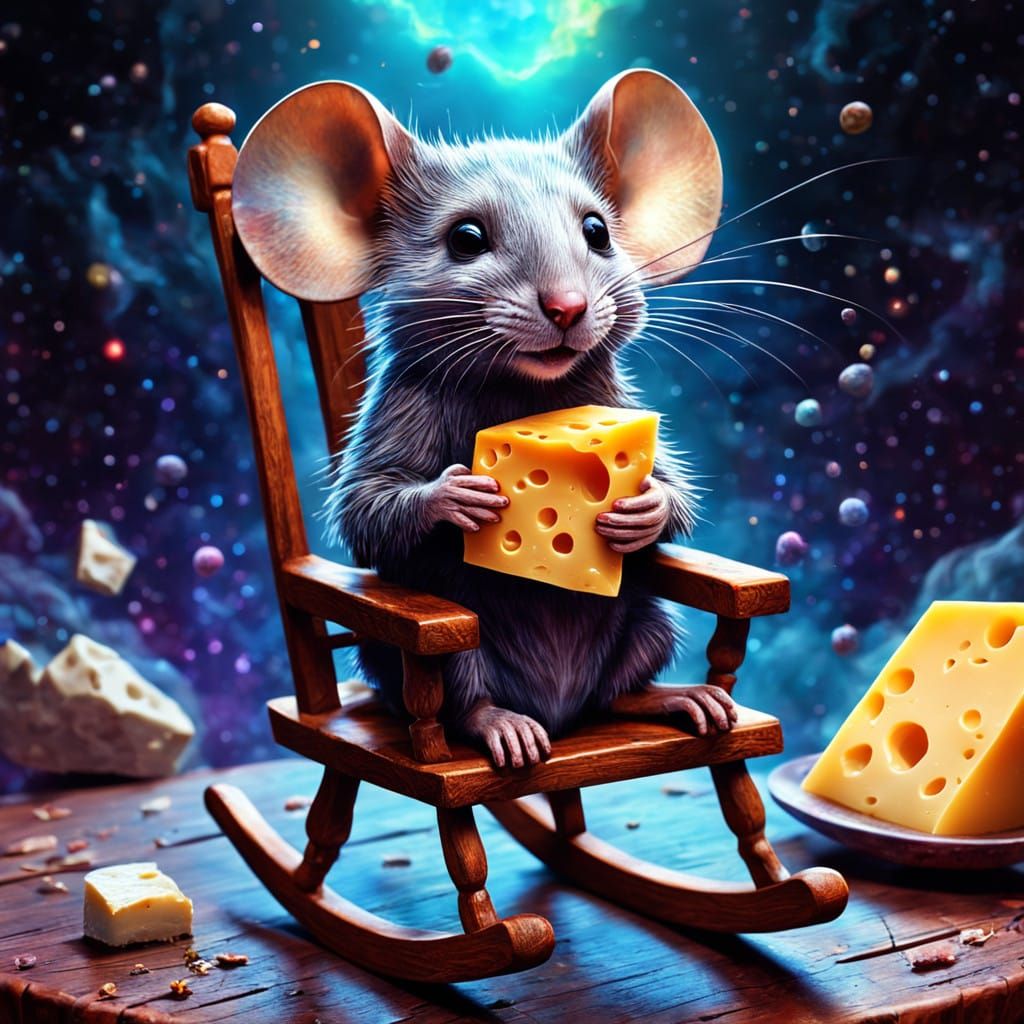 Whimsical Mouse in Cosmic Rocking Chair Scene