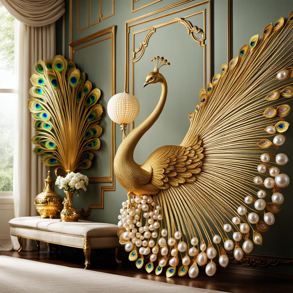 Fantasy Gold and Pearl Peacock Decor