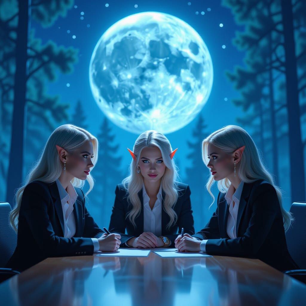 Hybrid Elf Women in Futuristic Forest Meeting