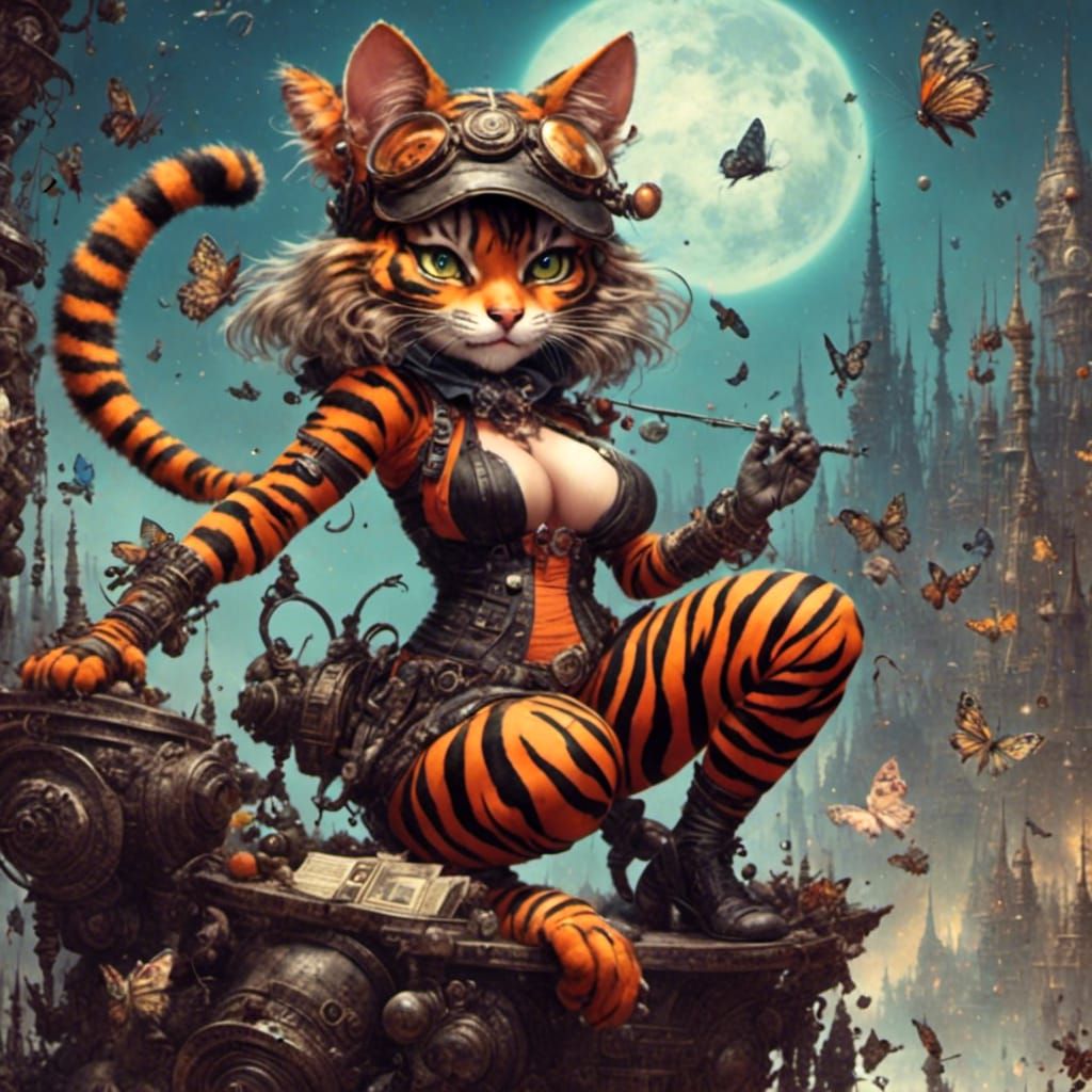 Tiger Striped Catgirl in Anthro Style