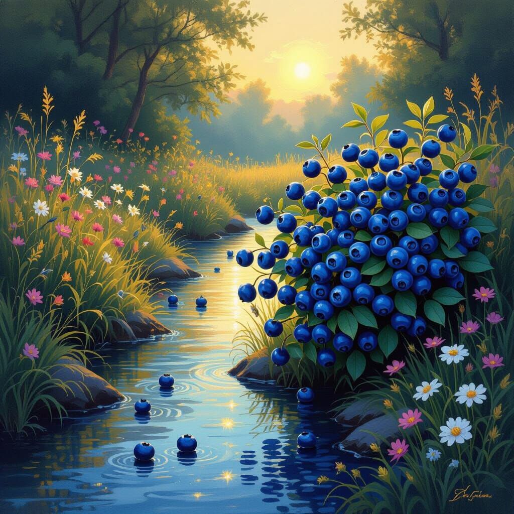 Blueberry Bush in Golden Light: Impressionist Landscape