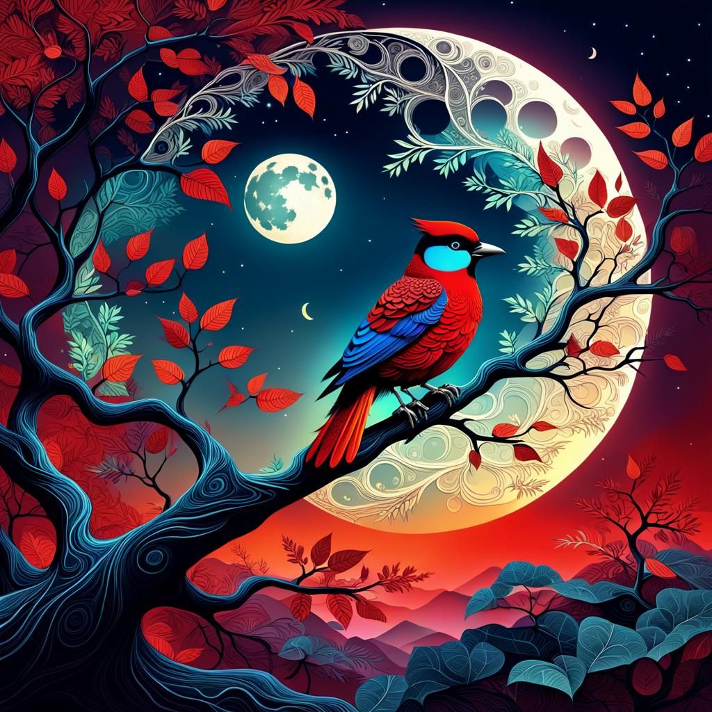 Bird on Branch Under Red Sky at Night