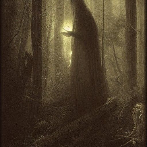 Forest Witch in Woods, Horror Woodcut Style