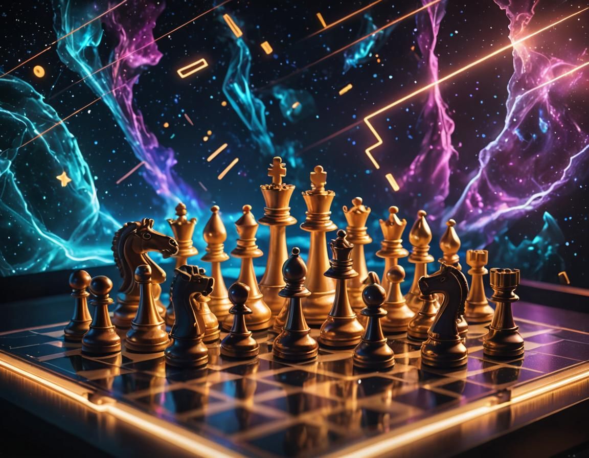 Futuristic Chess Game in Space with Neon Accents