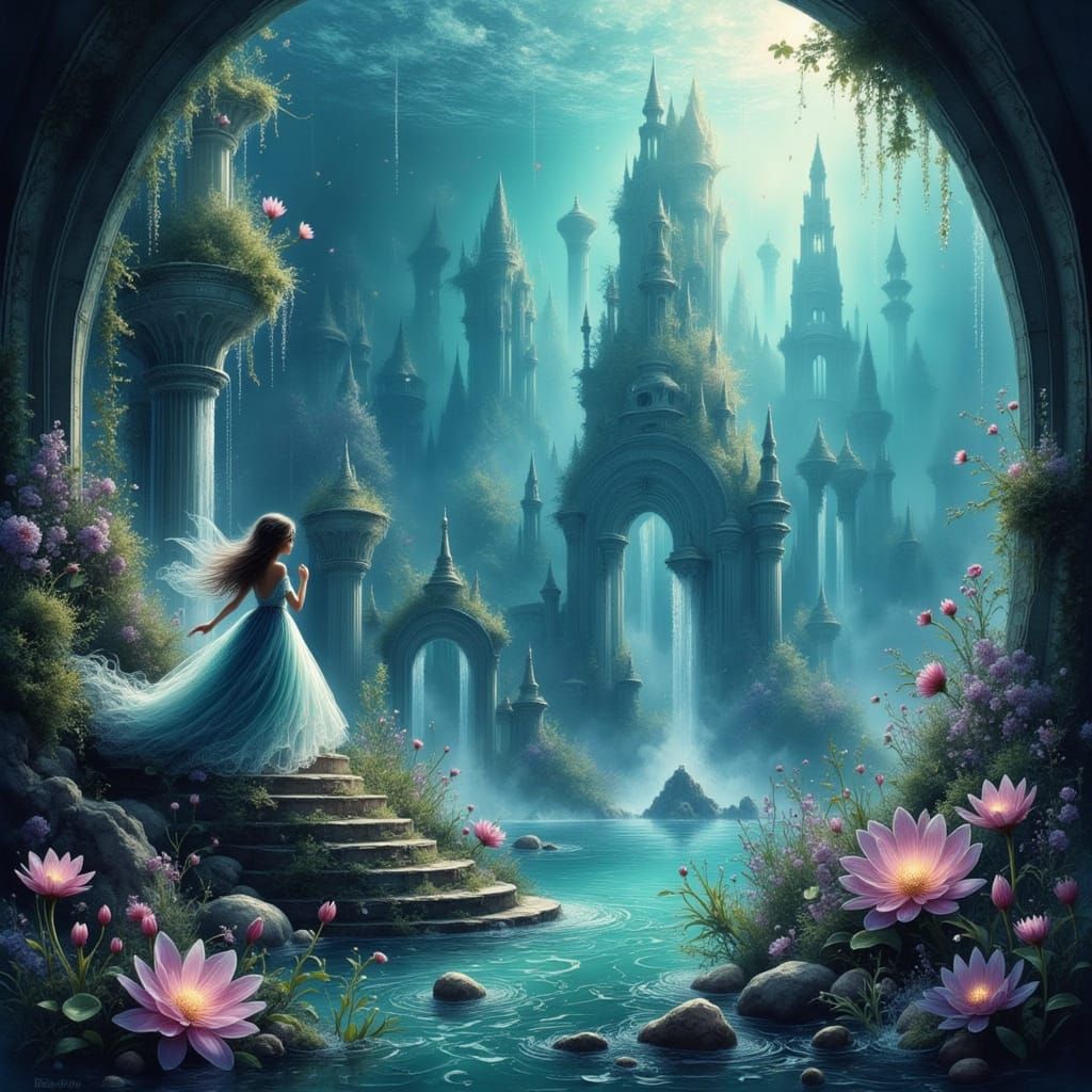 Sunken Atlantis City in Bioluminescent Light