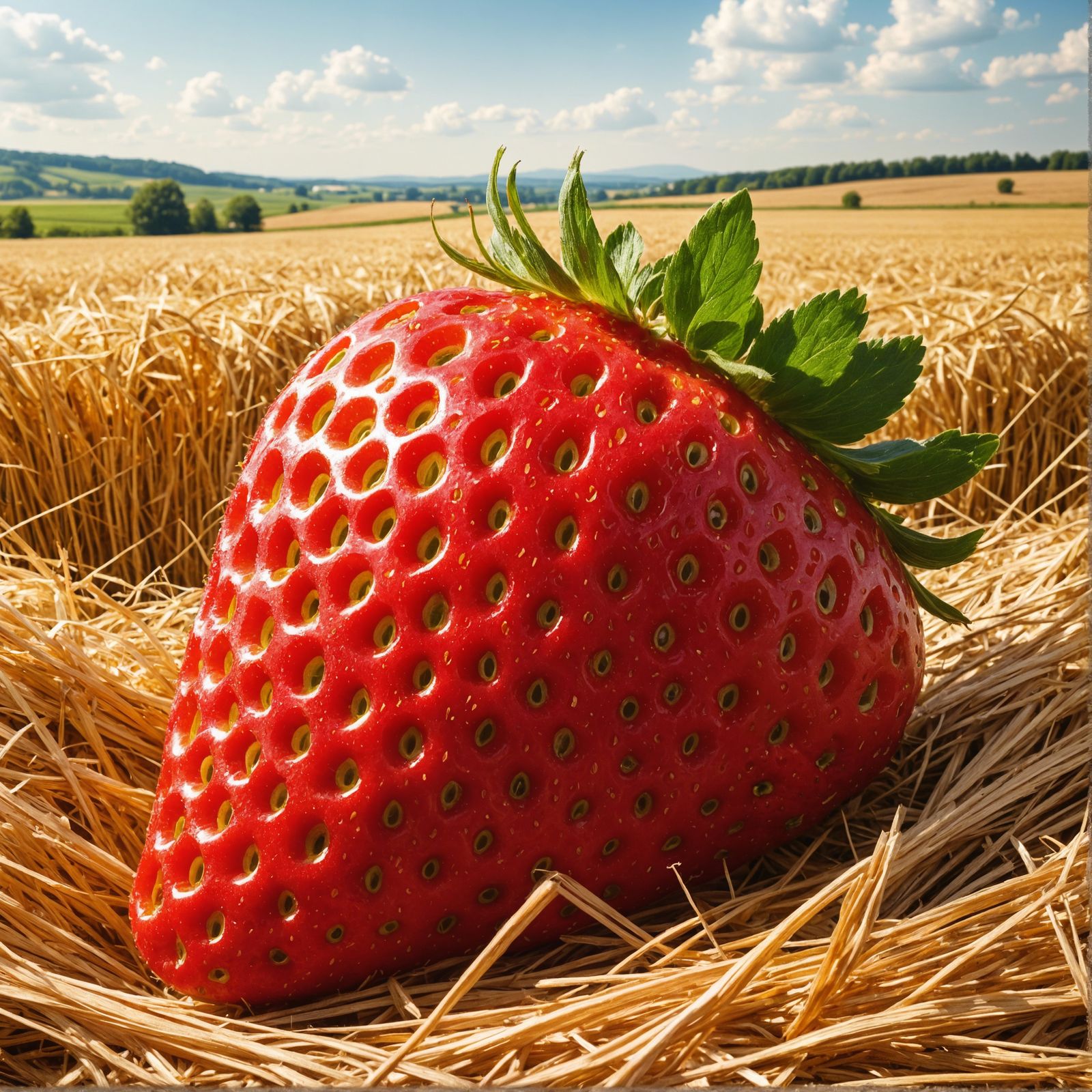 Strawberry in Straw Field as Oil Painting
