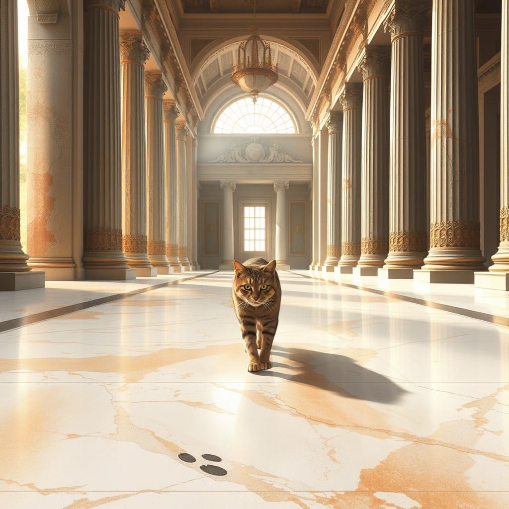 Cat Footprints in Marble Hall with Greek Architecture