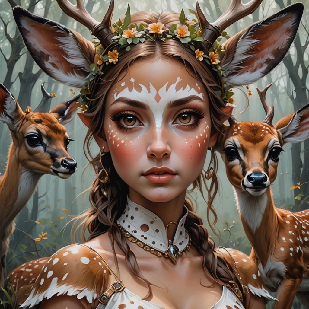 Doe-Eyed Fawn Woman in Post-Apocalyptic Acrylic Painting