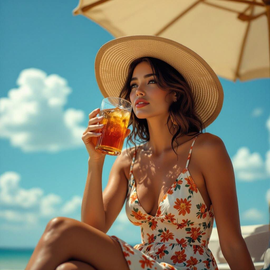 Woman Cooling Off With Iced Tea on Hot Day