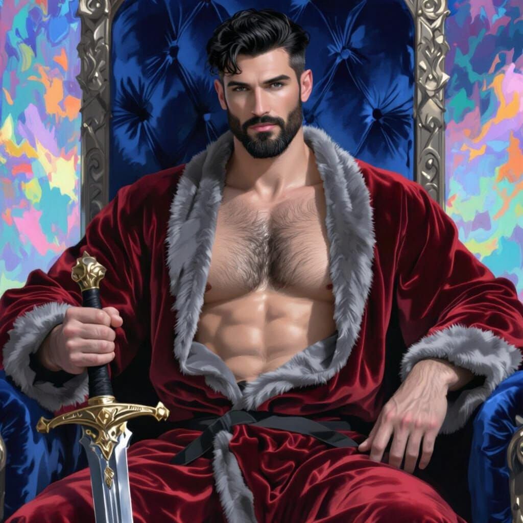 Regal Man in Velvet Robe on Throne with Sword