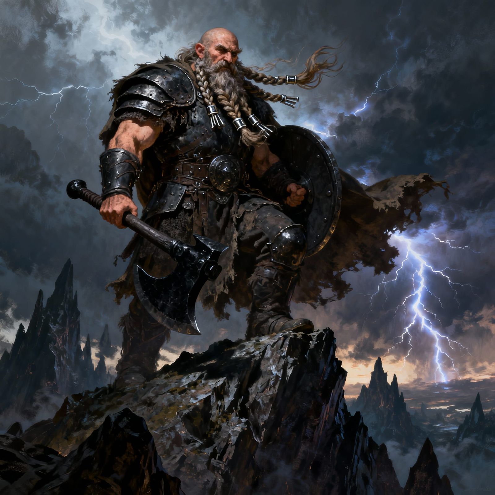 Dwarf Warrior King on Mountain Peak in Stormy Landscape
