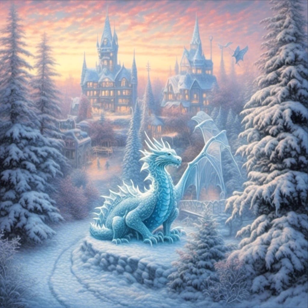 <lora:Schnee:1.0> an ice sculpture village, in the backgroun...