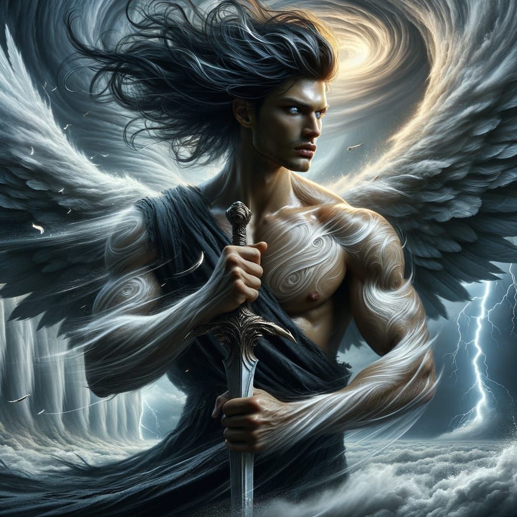 Muscular Angel of Wind in Tornado, Ice Sword