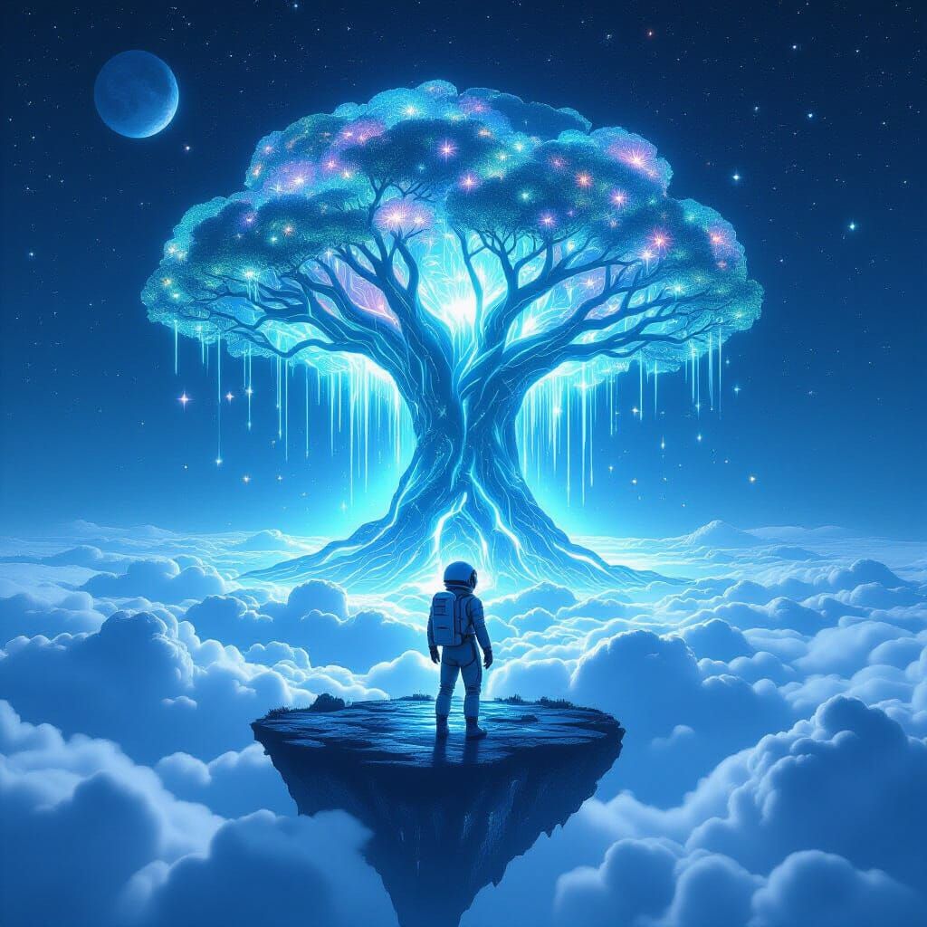 Astronaut Gazing at Bioluminescent Tree on Alien Planet