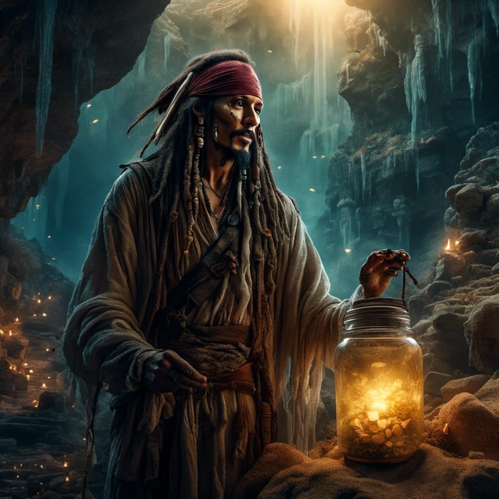 Mysterious Jack Sparrow in Cave with Jar, Dark Fantasy