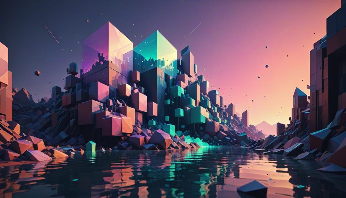 Vast Cubist Landscape of Glowing Cubes