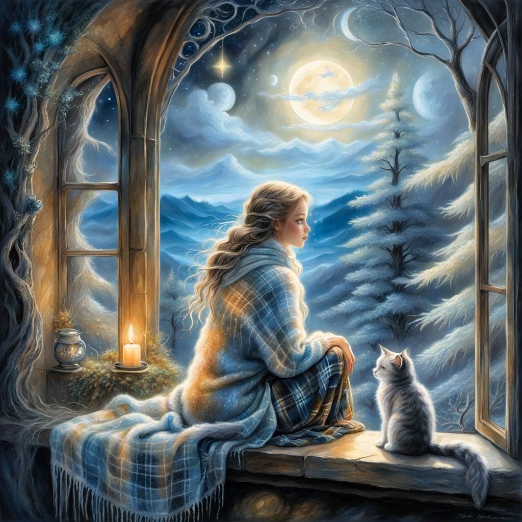 Cozy Starry Night with Girl and Cat