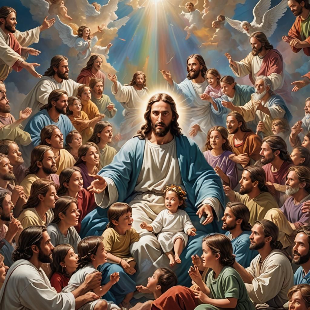 Hyperrealistic Jesus in Heaven with People