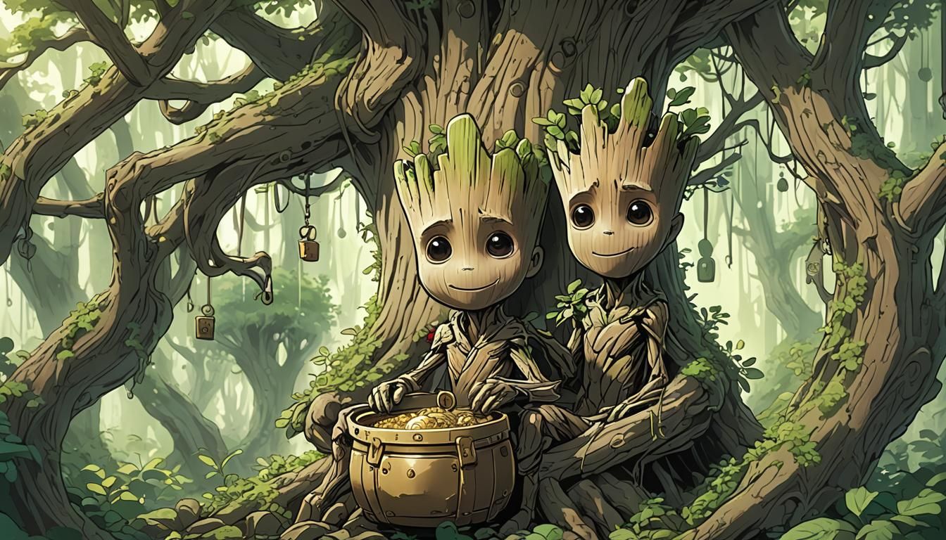 Ghibli-Style Cartoon Groot Opens Magic Treasure