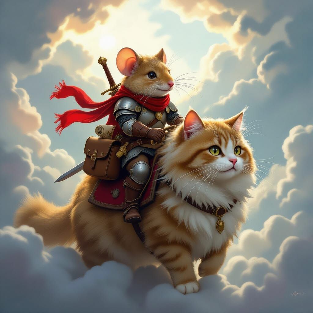 Mouse Knight Rides Cat Through Mystical Sky
