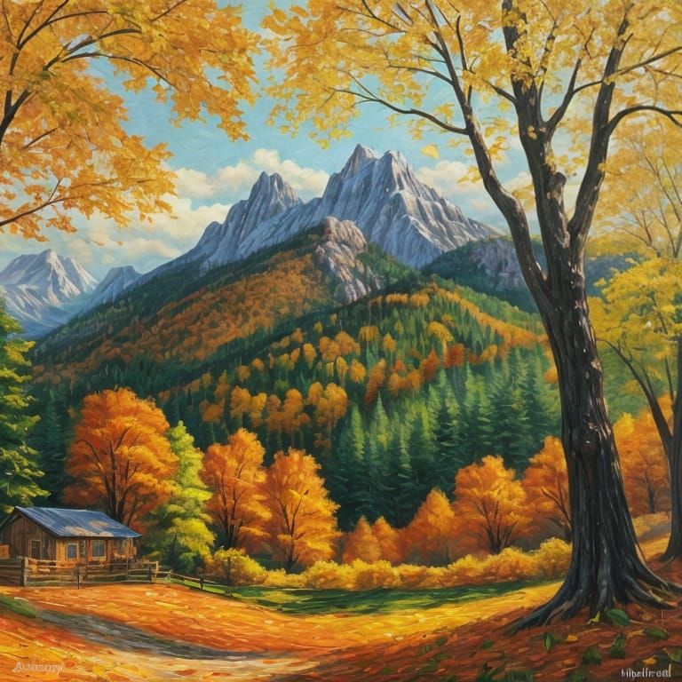 Autumn Mountain Landscape in Expressionist Folk Art Style