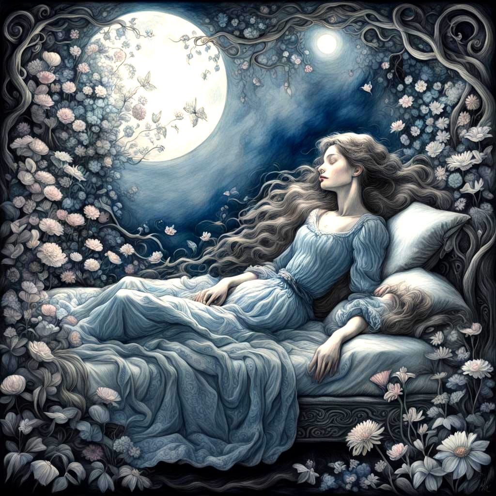 Dreamlike Lady in Whimsical Moonlit Scene, Inspired by Class...