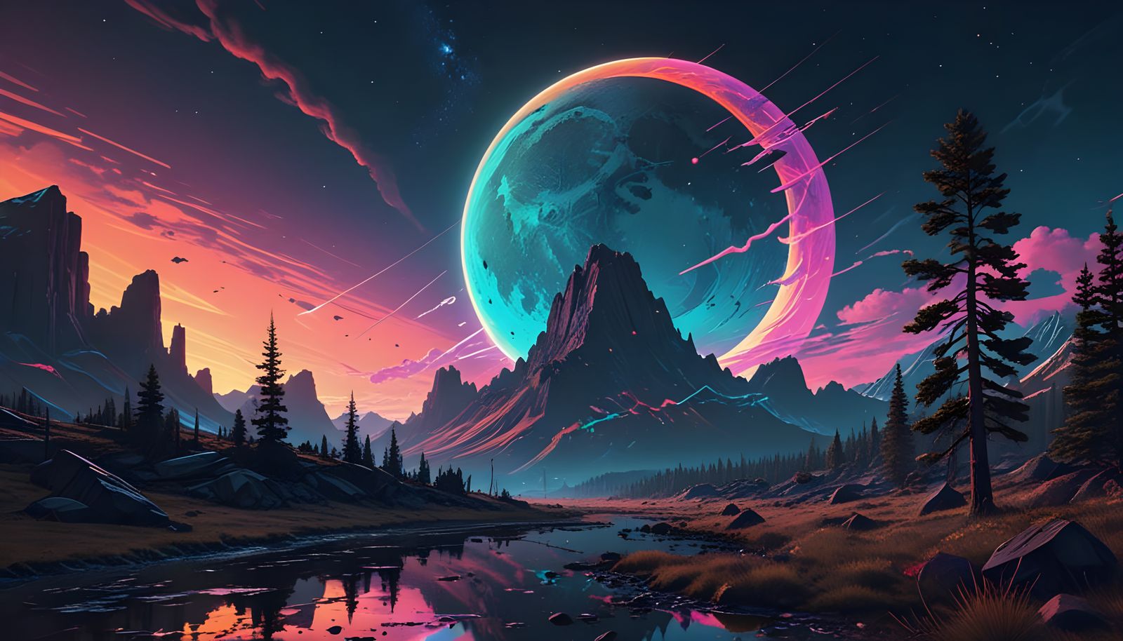 Neon Crescent Moon in 8 Bit Cosmictopia