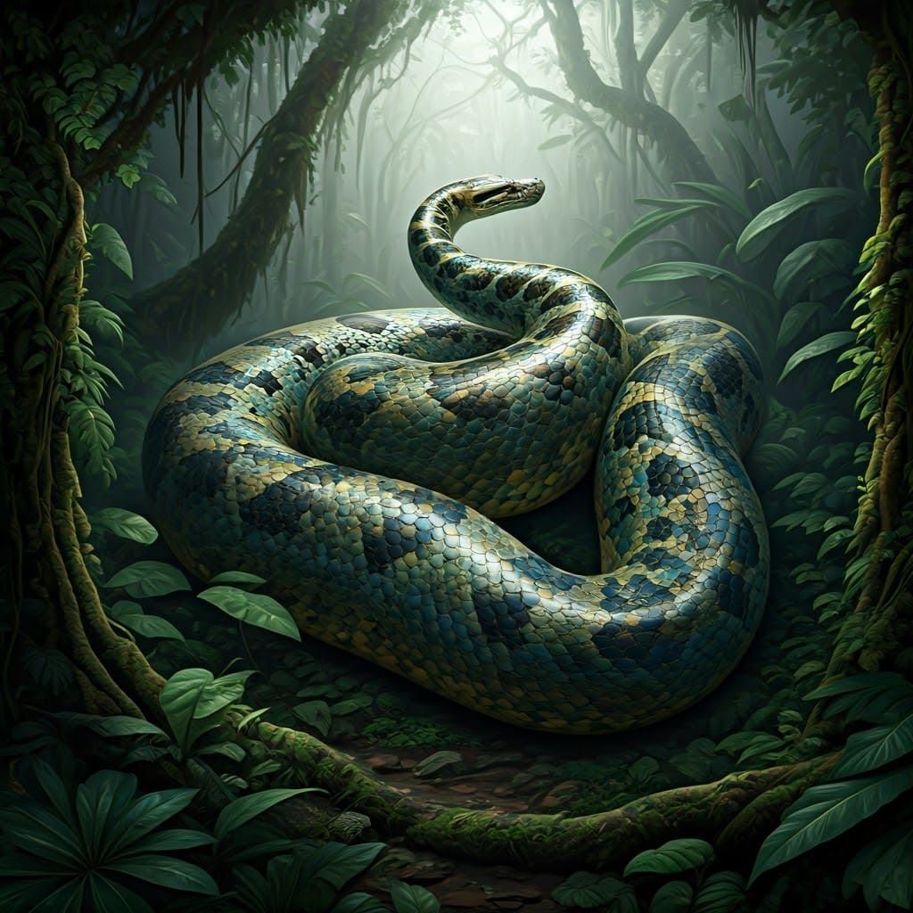 Emerald Anaconda in Lush Rainforest, Rousseau and Giger Insp...