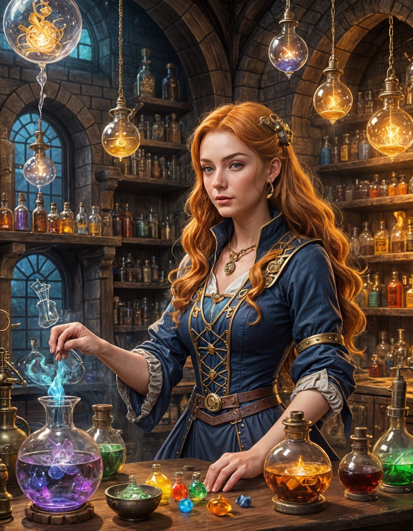 Ginger woman making potions