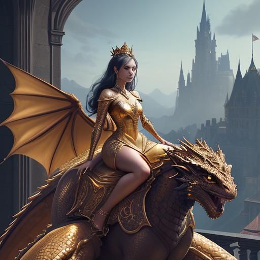 Queen Riding Dragon on Castle Balcony in Fantasy Art