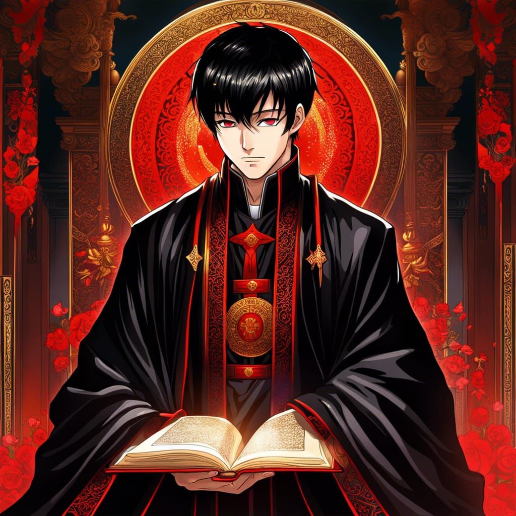 Anime Priest with Ruby Eyes in Temple