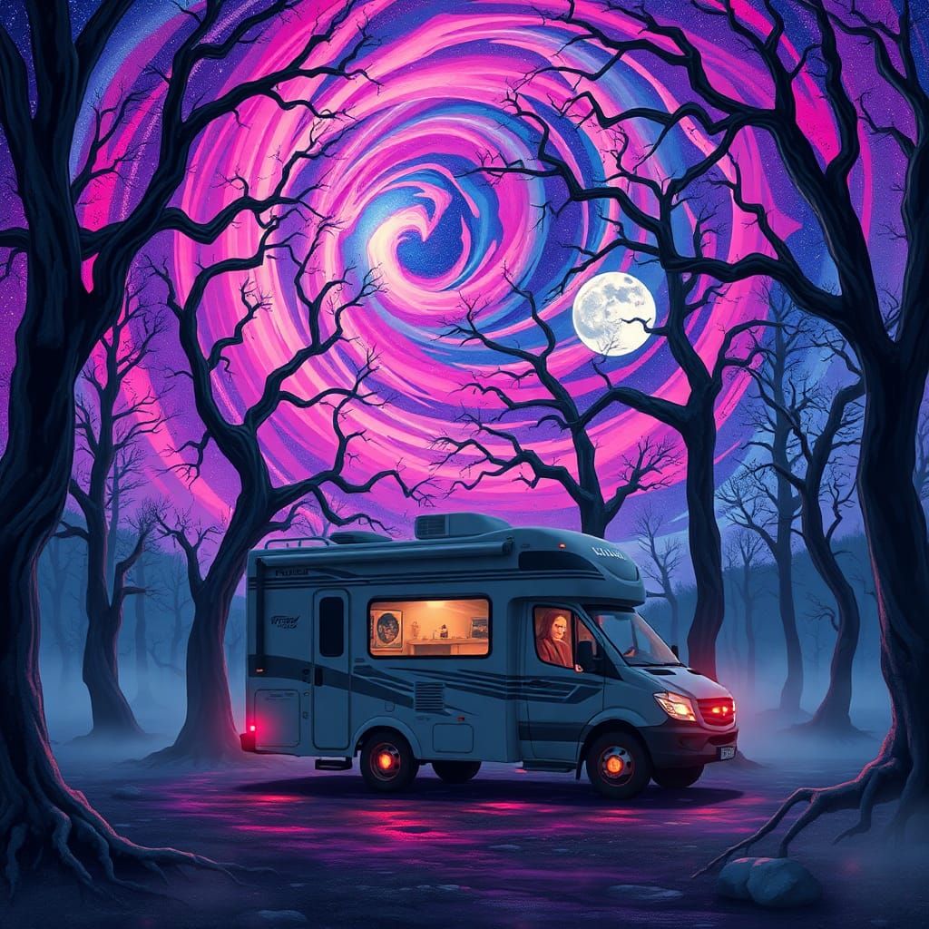 RV Under Cosmic Sky in Haunted Forest