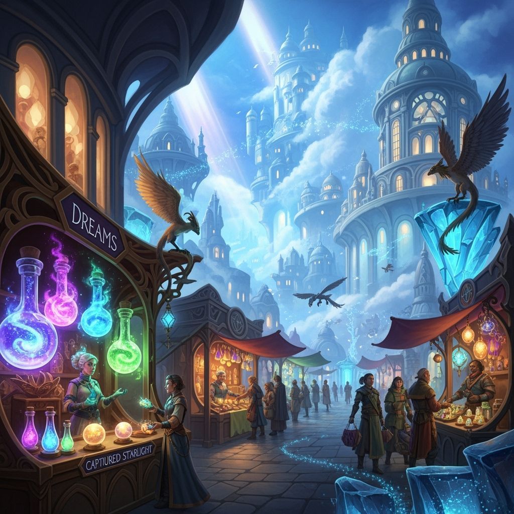 Fantastical Cloud City Marketplace with Bottled Dreams