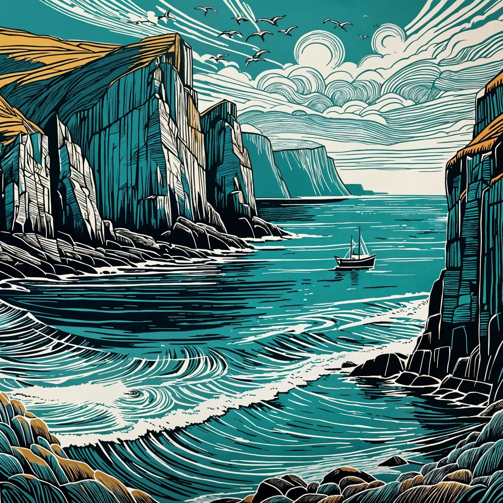 Seabirds Over Coastal Cliffs and Fishing Boats