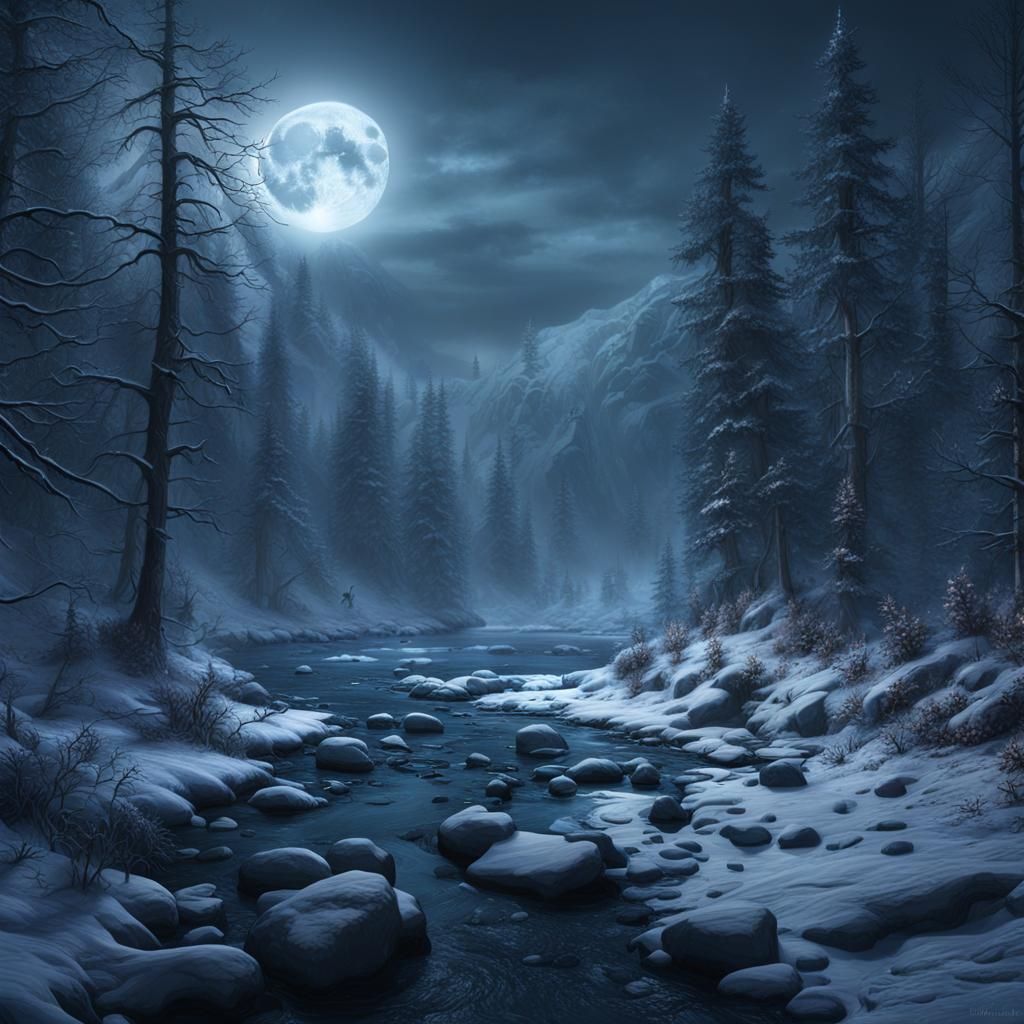 Spooky Winter Forest Valley at Night