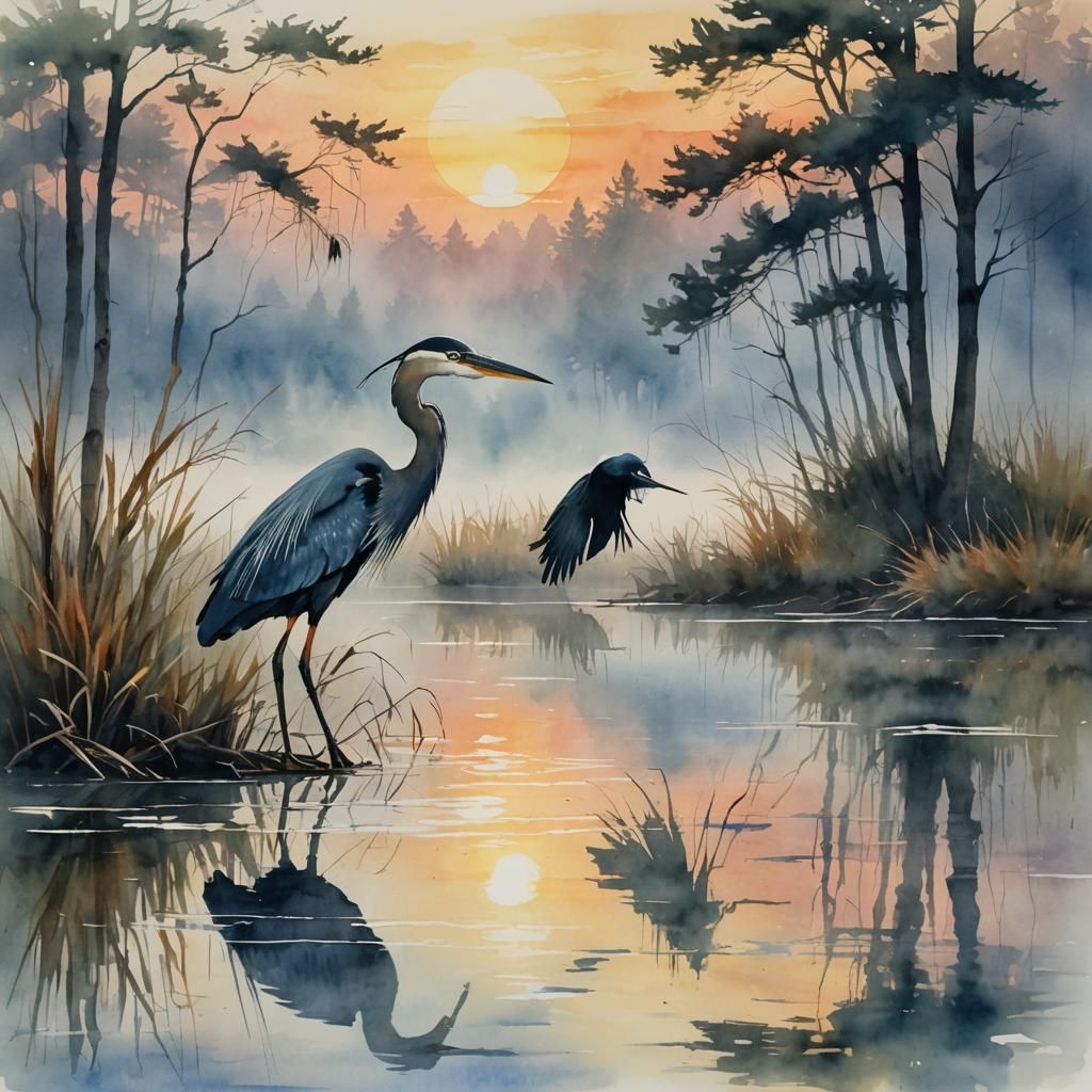 Watercolor Heron at Foggy Sunset on Lake