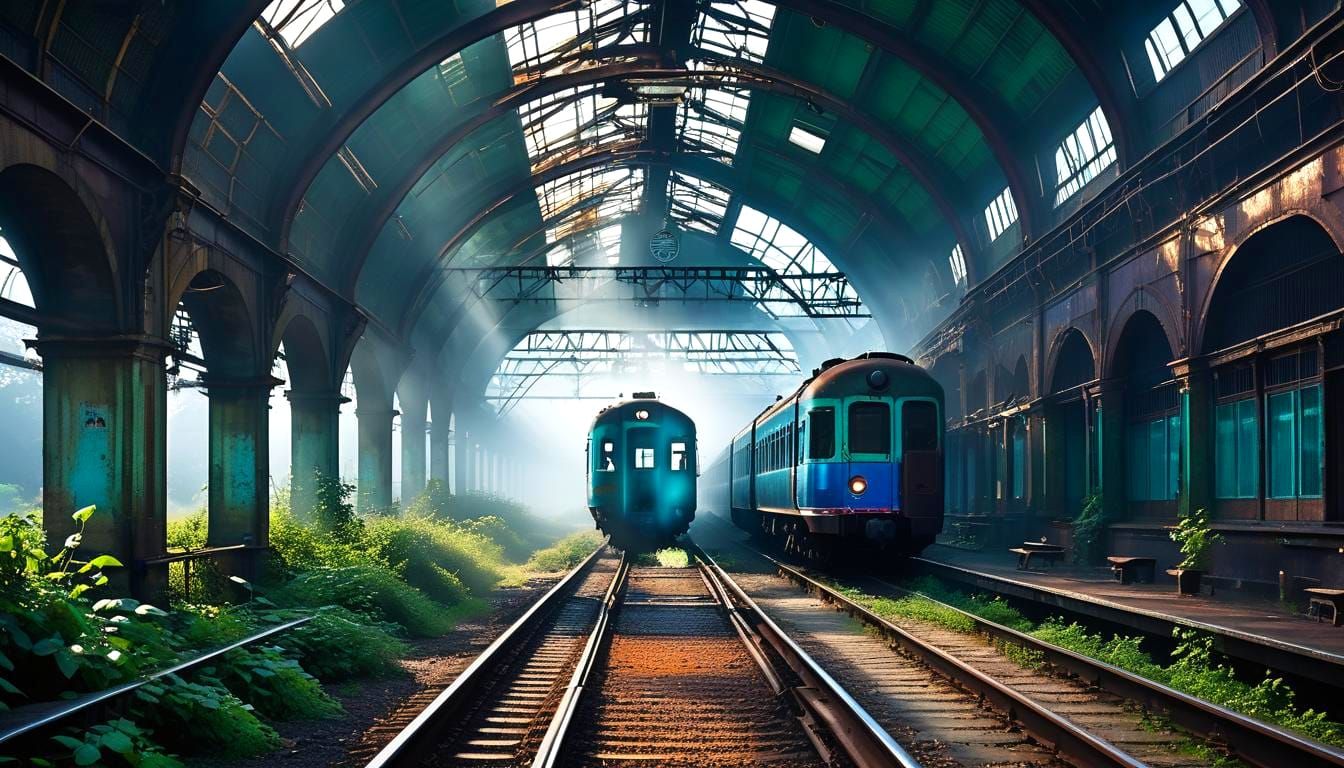 Futuristic Train Station Ruins in a Gloomy Morning Light