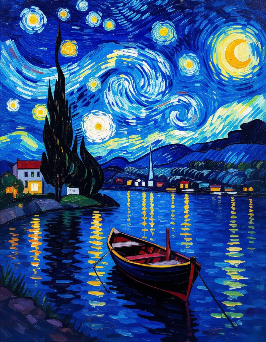 Lakeside Village at Night in Post-Impressionist Style