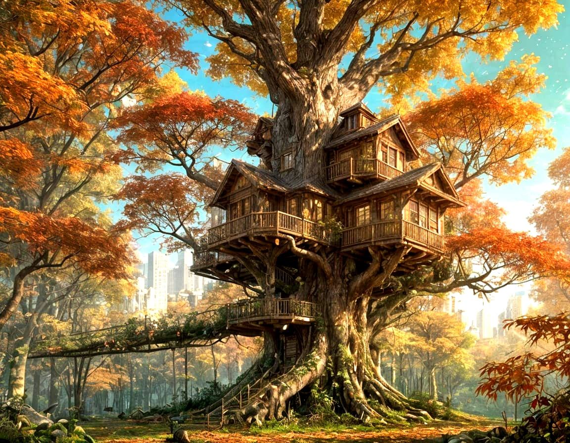 Enchanted Treehouse in Solarpunk Maple Forest