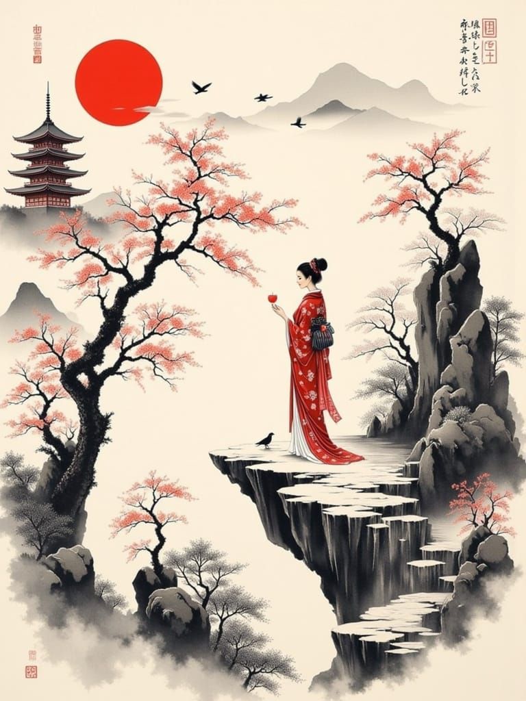 Serene Japanese Woman in Sumi-e Landscape