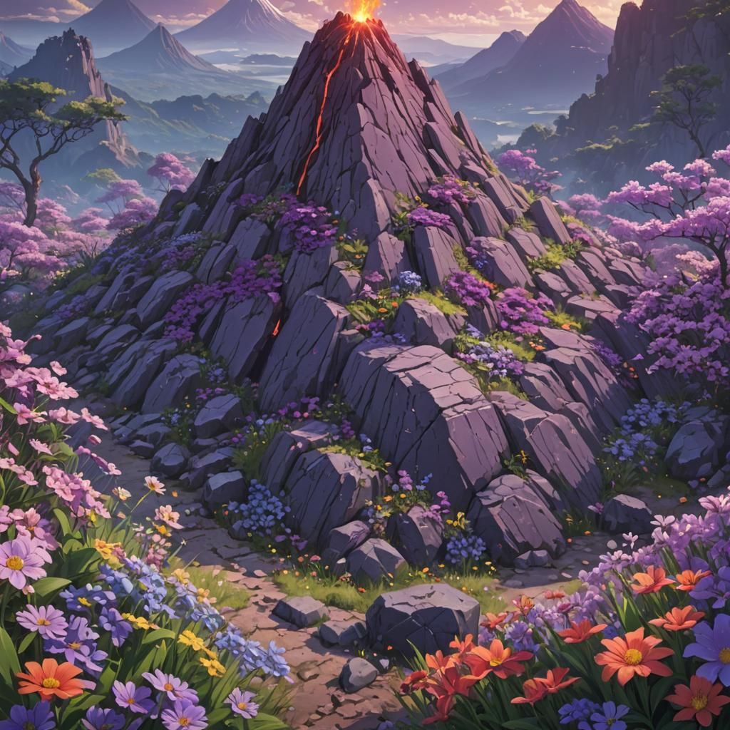 Purple Stone Volcano Surrounded by Flowers in Manga Style