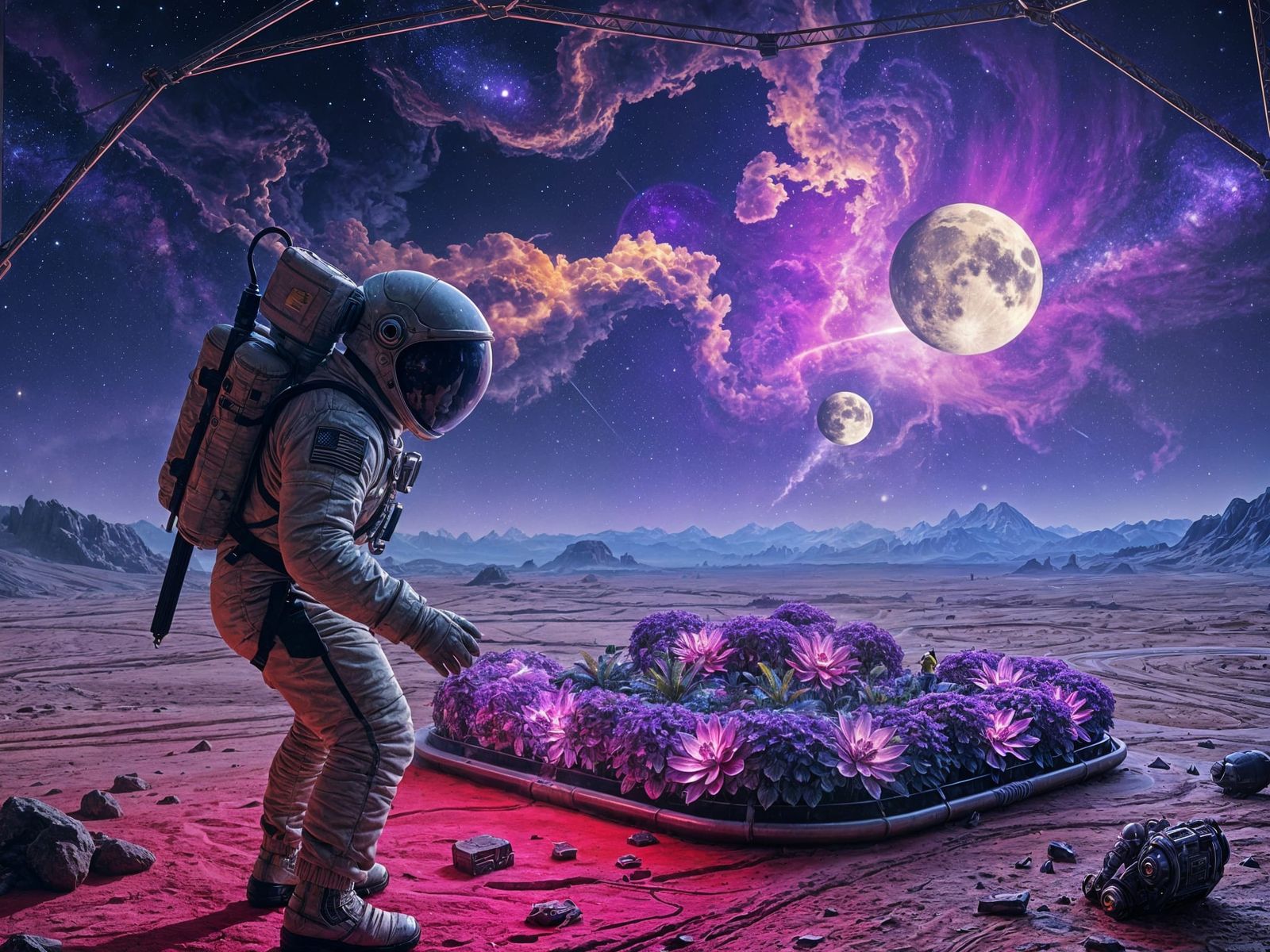 Astronaut's Bioluminescent Garden on Alien Planet