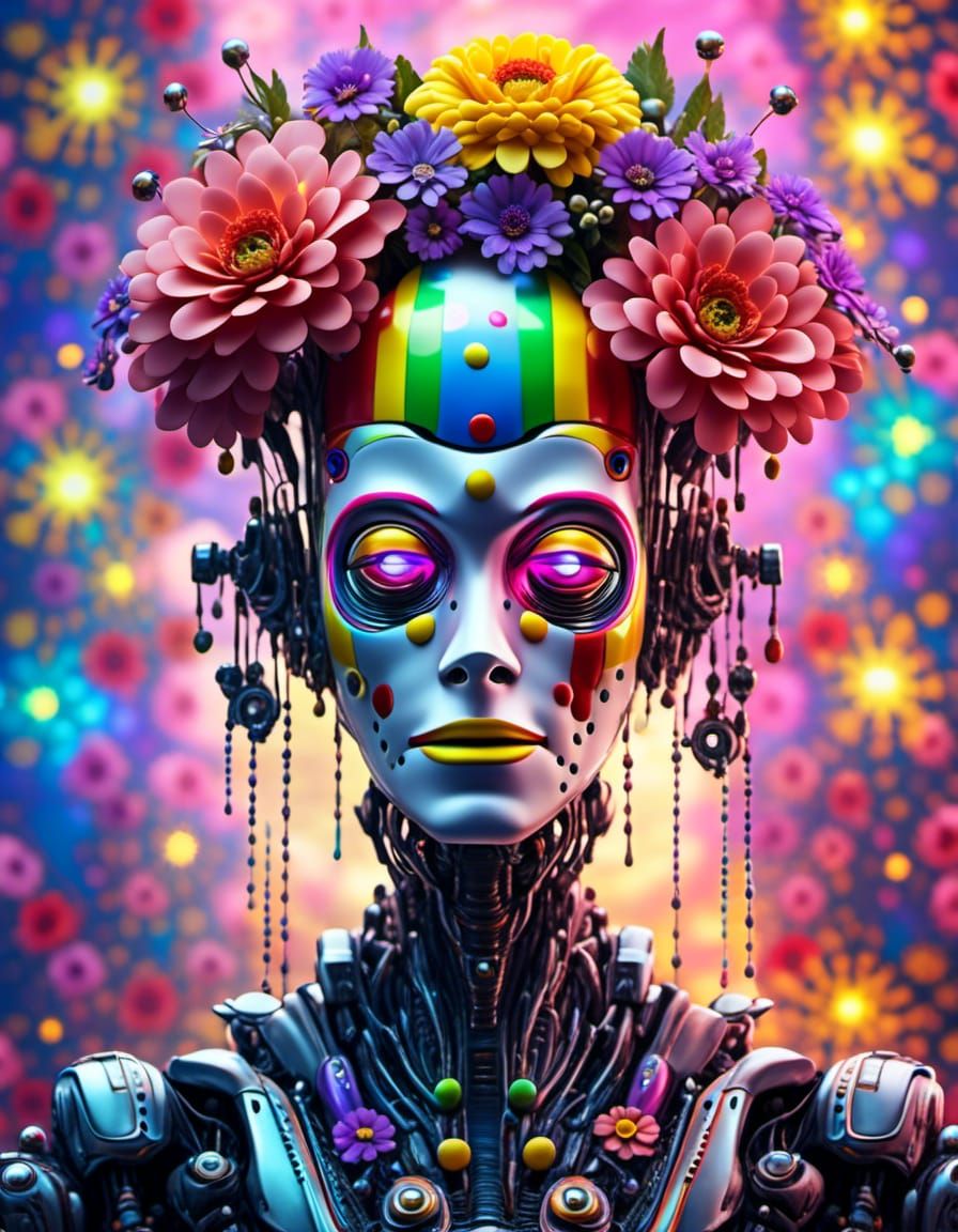 Surreal Rainbow Clown Robot with Flowers