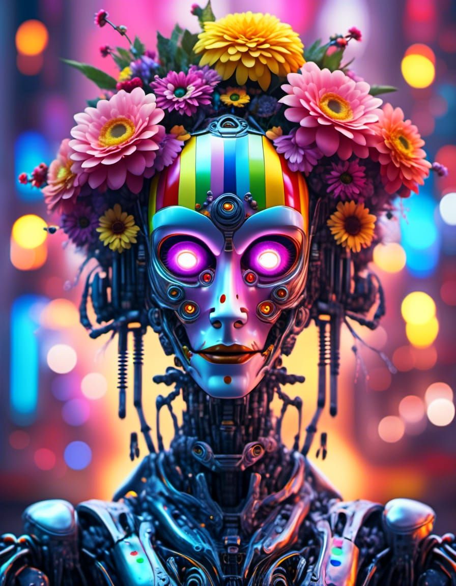 Surreal Rainbow Clown Robot in Photorealistic Style